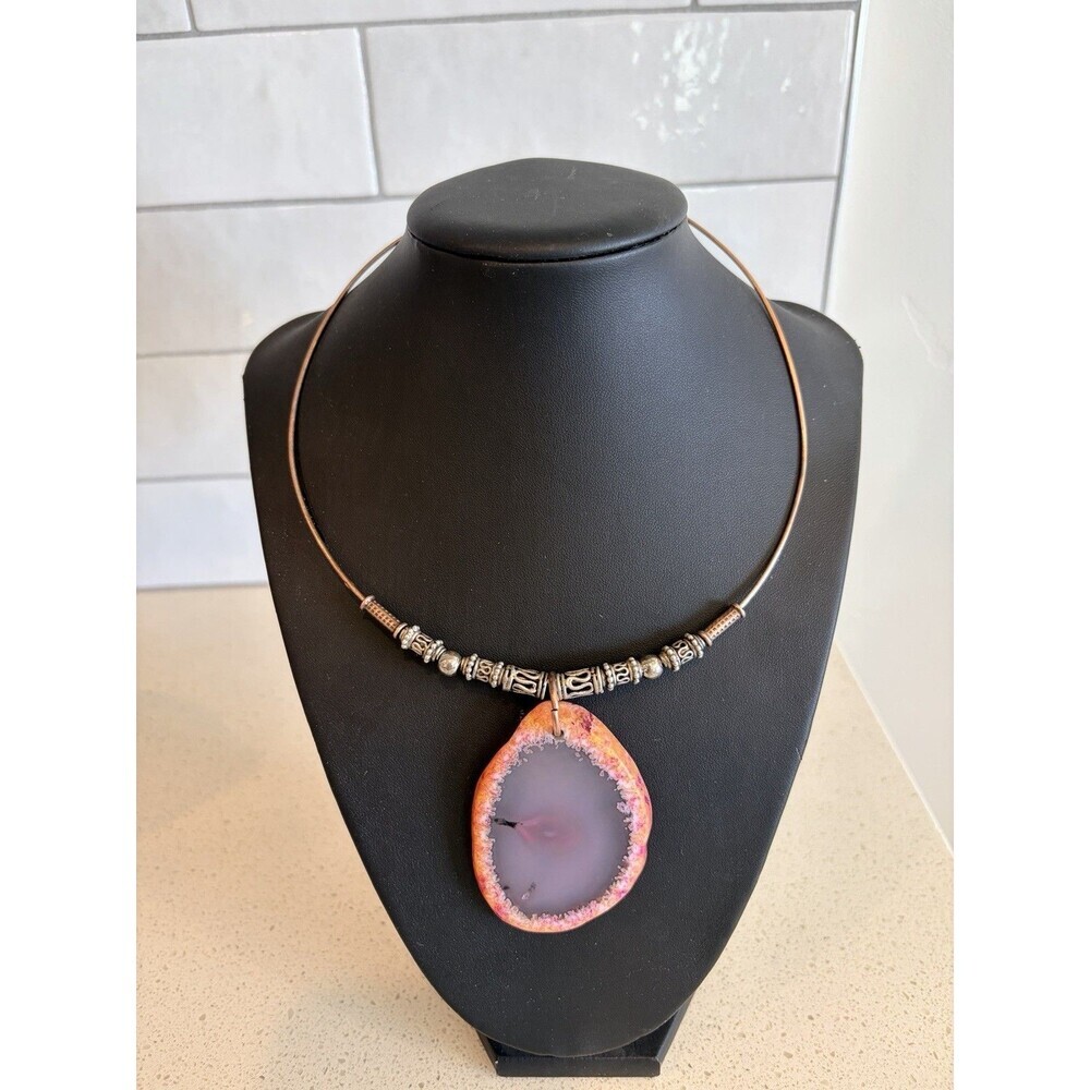 Artisan Copper Silver Pink Druzy Agate Pendant Collar Necklace Large
